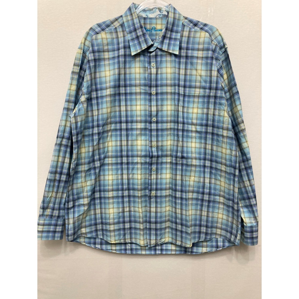 Alan Flusser Button Down Shirt XL Blue Plaid Cotton Long Sleeve Preppy Office